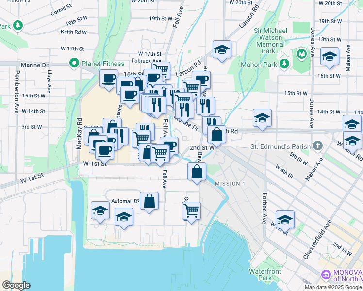 map of restaurants, bars, coffee shops, grocery stores, and more near 723 3rd Street West in North Vancouver