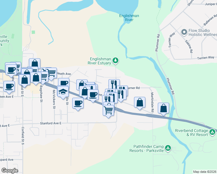 map of restaurants, bars, coffee shops, grocery stores, and more near 161 Shelly Road in Parksville