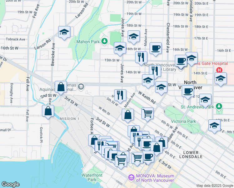map of restaurants, bars, coffee shops, grocery stores, and more near 420 6th Street West in North Vancouver