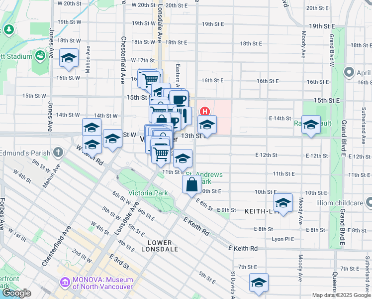 map of restaurants, bars, coffee shops, grocery stores, and more near 152 East 12th Street in North Vancouver