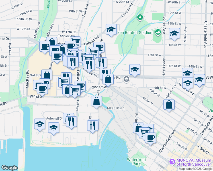 map of restaurants, bars, coffee shops, grocery stores, and more near 528 2nd Street West in North Vancouver