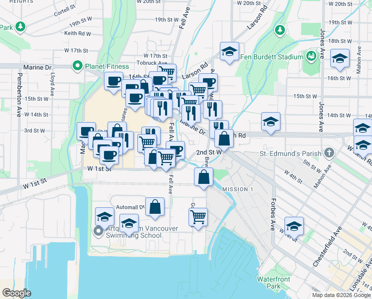 map of restaurants, bars, coffee shops, grocery stores, and more near 723 3rd Street West in North Vancouver
