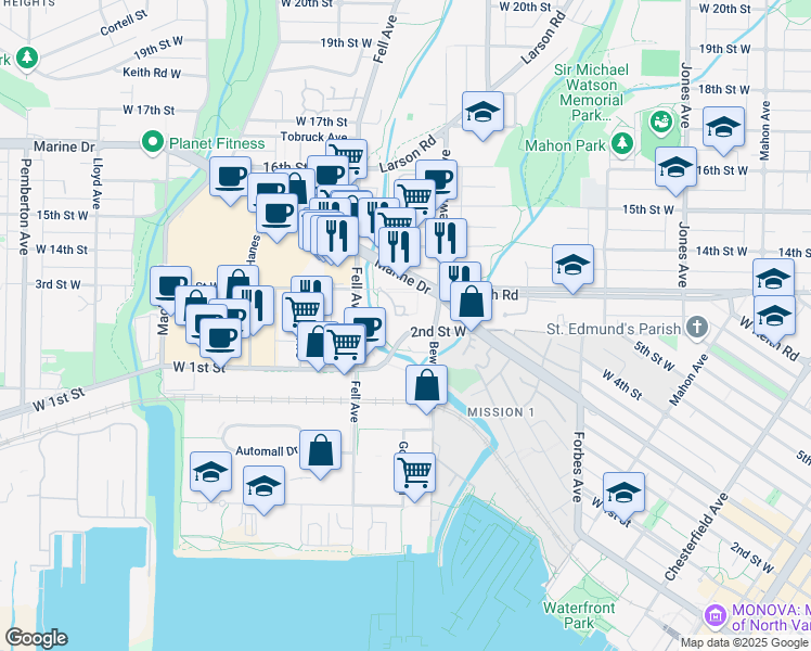 map of restaurants, bars, coffee shops, grocery stores, and more near in North Vancouver