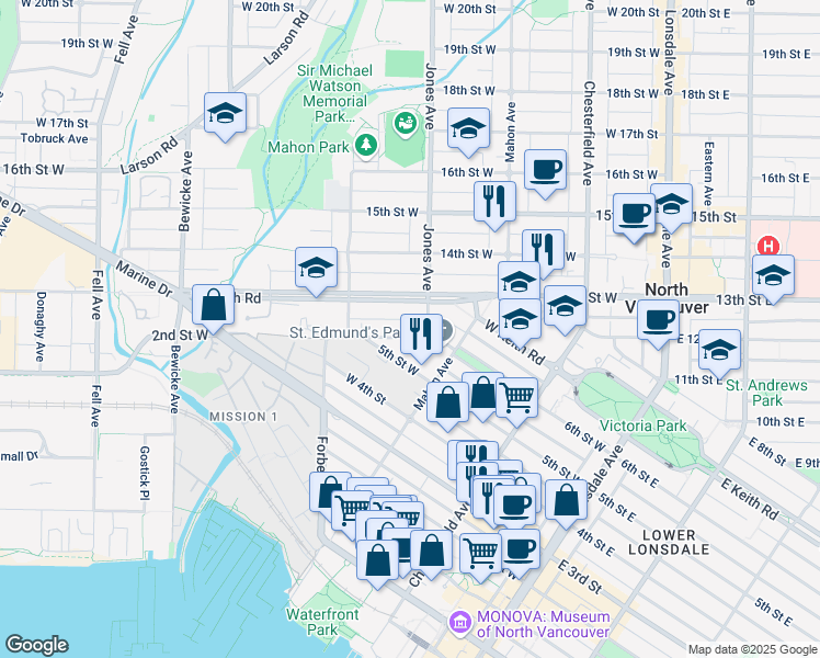 map of restaurants, bars, coffee shops, grocery stores, and more near 420 6th Street West in North Vancouver