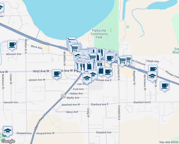 map of restaurants, bars, coffee shops, grocery stores, and more near 180 Craig Street in Parksville