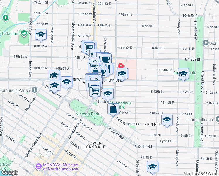 map of restaurants, bars, coffee shops, grocery stores, and more near in North Vancouver