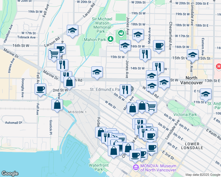map of restaurants, bars, coffee shops, grocery stores, and more near in North Vancouver