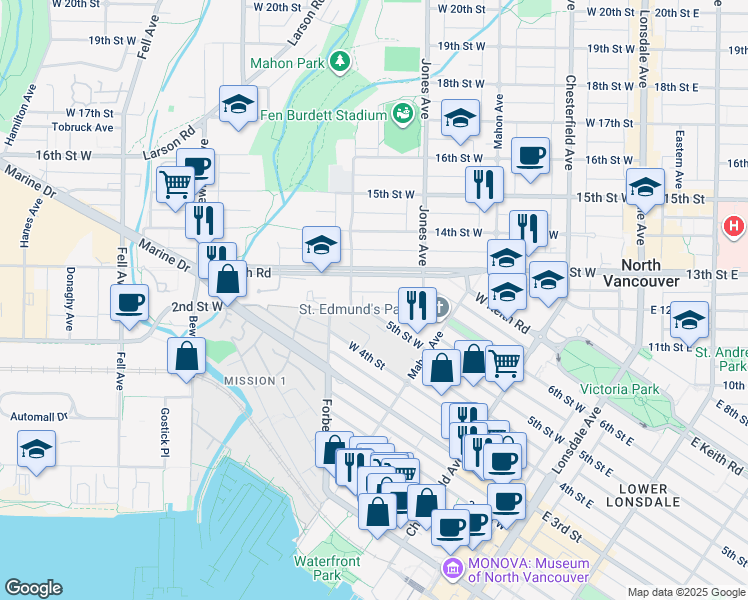 map of restaurants, bars, coffee shops, grocery stores, and more near 450 6th Street West in North Vancouver