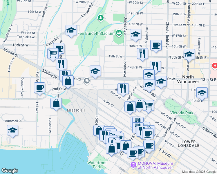 map of restaurants, bars, coffee shops, grocery stores, and more near 460 6th Street West in North Vancouver