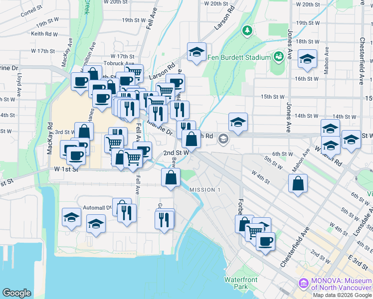 map of restaurants, bars, coffee shops, grocery stores, and more near 657 3rd Street West in North Vancouver