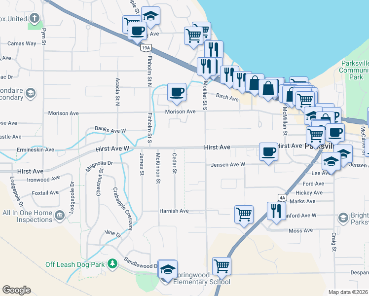 map of restaurants, bars, coffee shops, grocery stores, and more near Hirst Avenue in Parksville