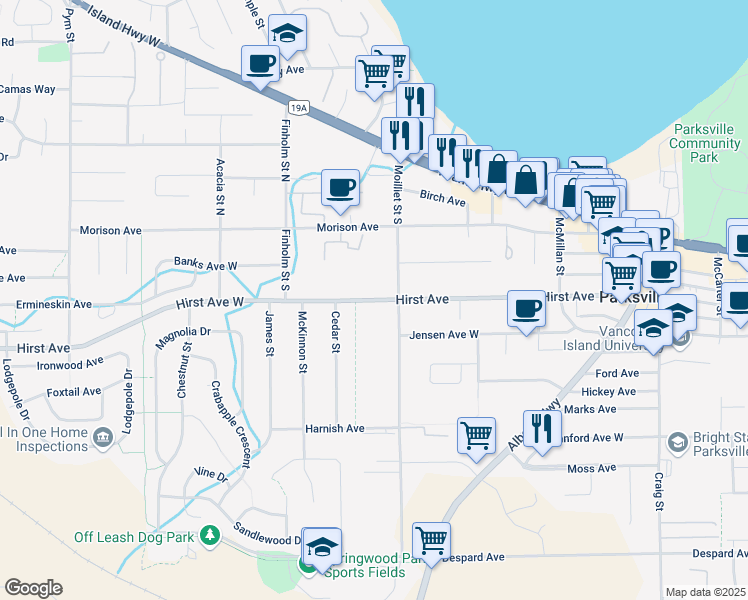 map of restaurants, bars, coffee shops, grocery stores, and more near Hirst Avenue in Parksville