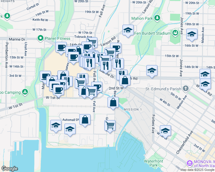 map of restaurants, bars, coffee shops, grocery stores, and more near 723 3rd Street West in North Vancouver