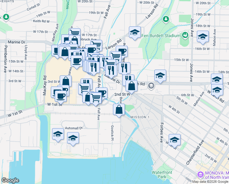 map of restaurants, bars, coffee shops, grocery stores, and more near in Vancouver