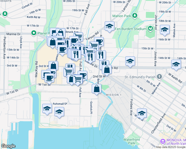 map of restaurants, bars, coffee shops, grocery stores, and more near 719 3rd Street West in North Vancouver