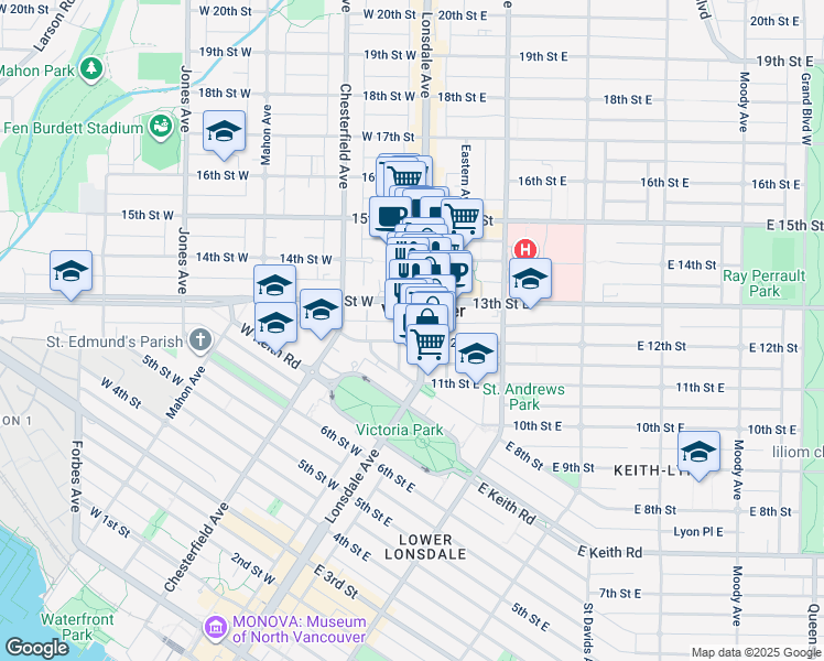map of restaurants, bars, coffee shops, grocery stores, and more near in North Vancouver