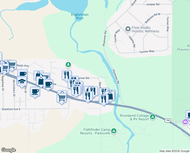 map of restaurants, bars, coffee shops, grocery stores, and more near 703 Turner Road in Parksville
