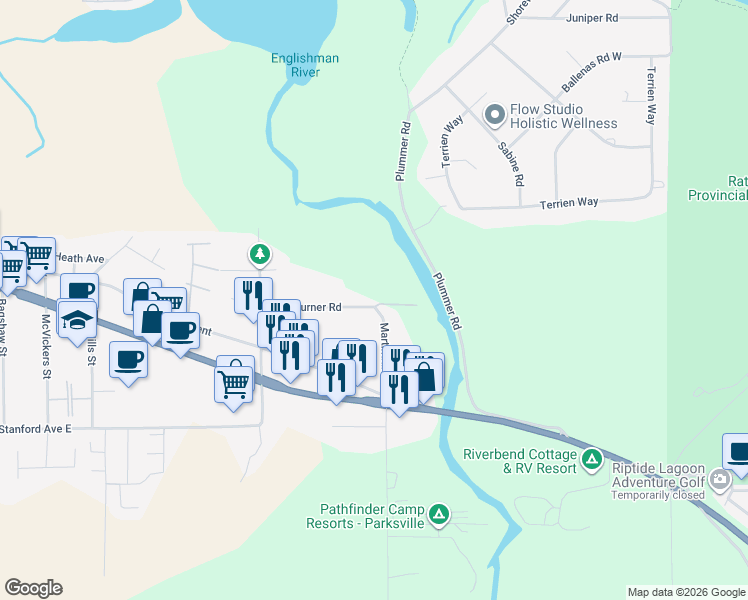 map of restaurants, bars, coffee shops, grocery stores, and more near 703 Turner Road in Parksville