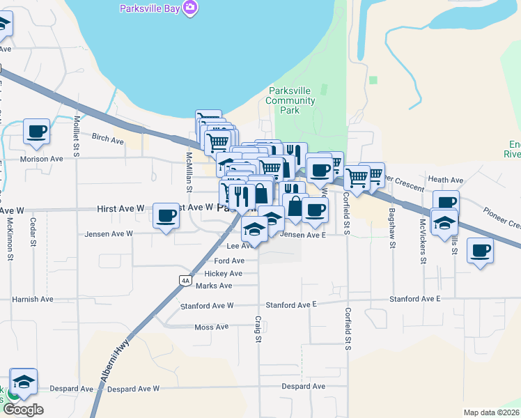 map of restaurants, bars, coffee shops, grocery stores, and more near 180 Craig Street in Parksville
