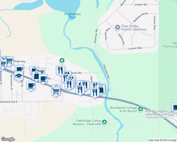 map of restaurants, bars, coffee shops, grocery stores, and more near 703 Turner Road in Parksville