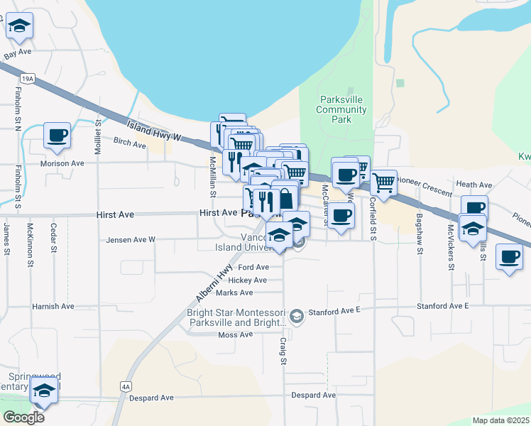 map of restaurants, bars, coffee shops, grocery stores, and more near in Parksville