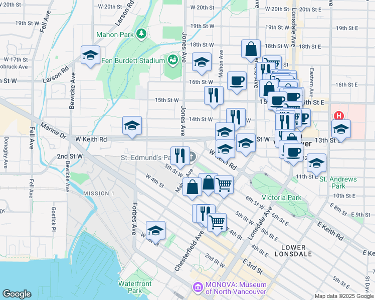 map of restaurants, bars, coffee shops, grocery stores, and more near in North Vancouver