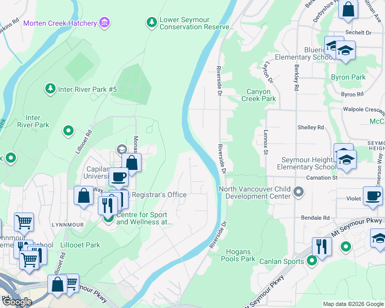 map of restaurants, bars, coffee shops, grocery stores, and more near 1260 Seymour Boulevard in North Vancouver