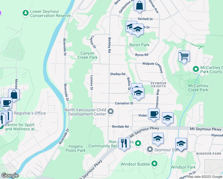 map of restaurants, bars, coffee shops, grocery stores, and more near 1350 Berkley Road in North Vancouver