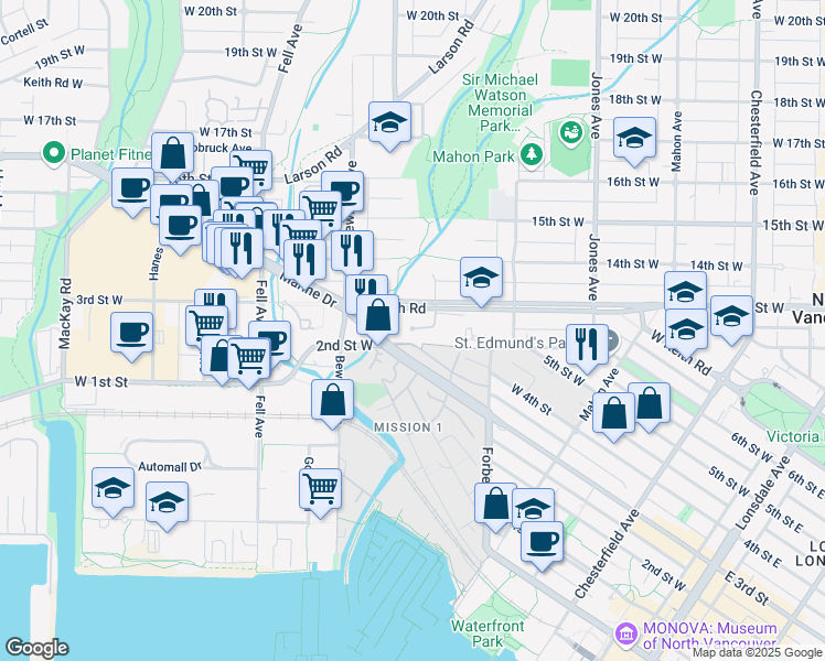 map of restaurants, bars, coffee shops, grocery stores, and more near Delbruck Avenue in North Vancouver