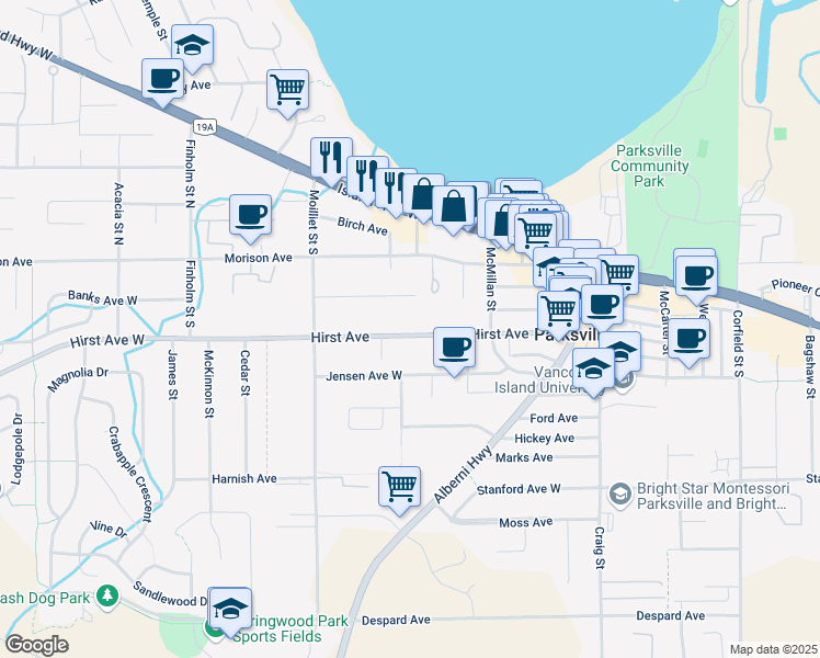 map of restaurants, bars, coffee shops, grocery stores, and more near 297 Hirst Avenue in Parksville