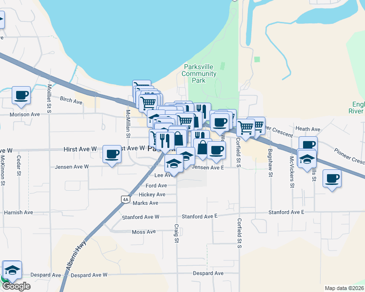 map of restaurants, bars, coffee shops, grocery stores, and more near 113 Hirst Avenue East in Parksville