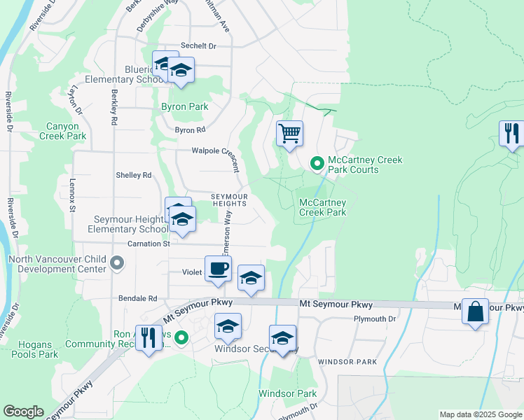 map of restaurants, bars, coffee shops, grocery stores, and more near 2872 Trillium Place in North Vancouver