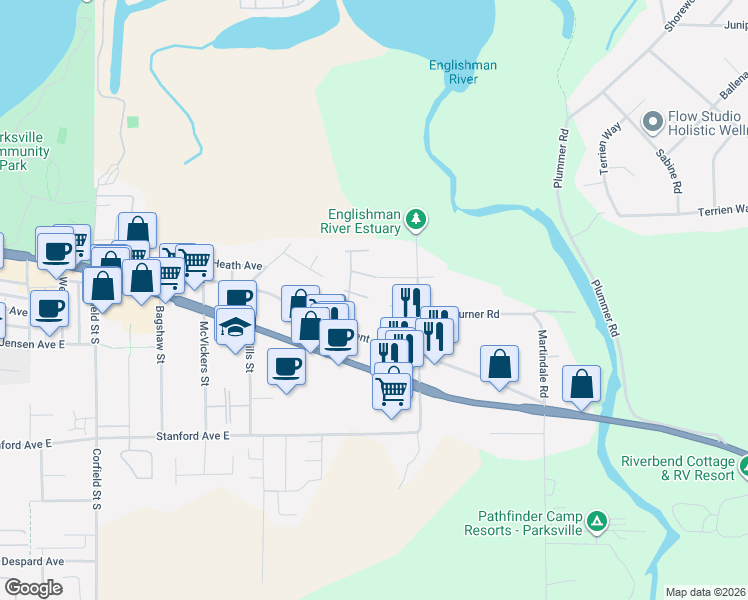 map of restaurants, bars, coffee shops, grocery stores, and more near 493 Pioneer Crescent in Parksville