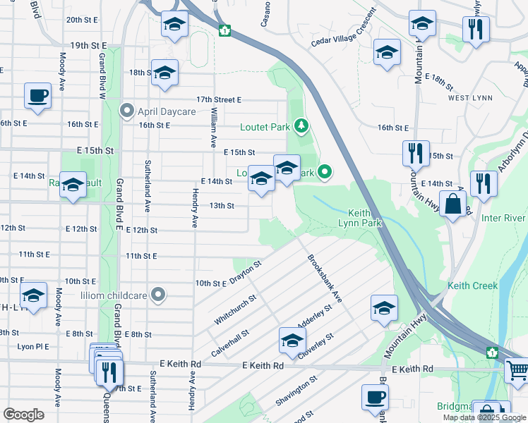 map of restaurants, bars, coffee shops, grocery stores, and more near 941 13th Street East in North Vancouver