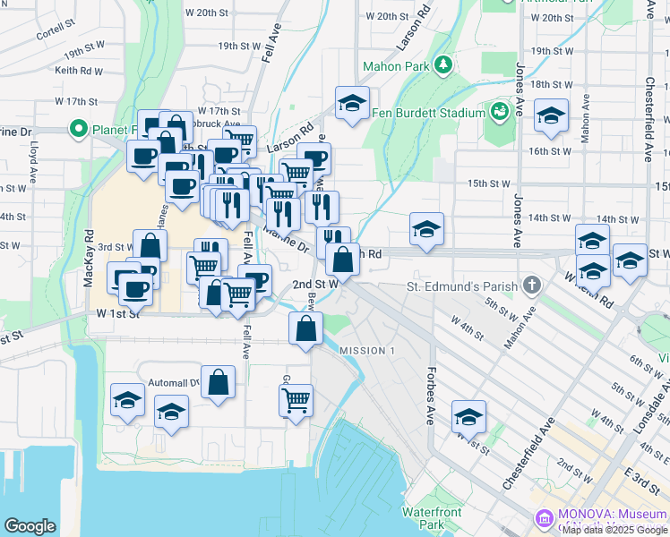 map of restaurants, bars, coffee shops, grocery stores, and more near 3rd Street West in North Vancouver