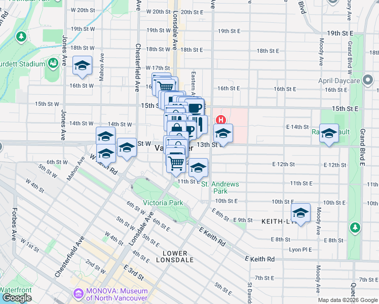 map of restaurants, bars, coffee shops, grocery stores, and more near 135 East 13th Street in North Vancouver