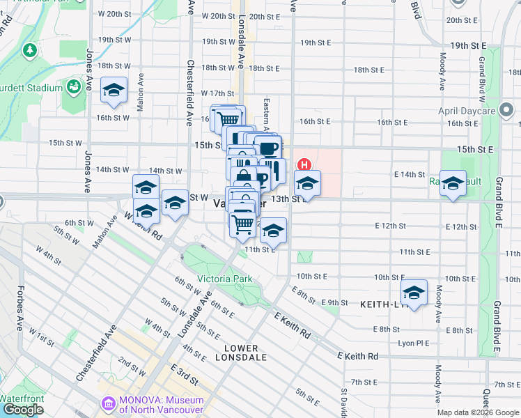 map of restaurants, bars, coffee shops, grocery stores, and more near 135 13th Street East in North Vancouver