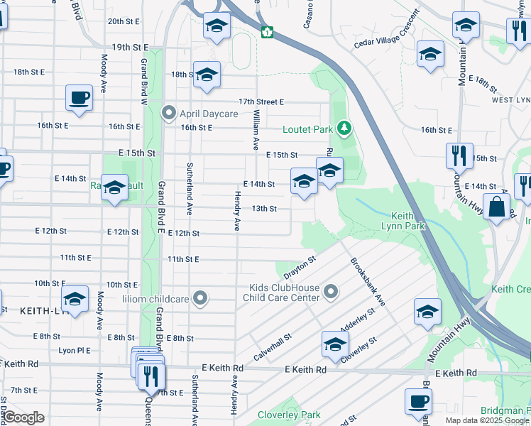 map of restaurants, bars, coffee shops, grocery stores, and more near 847 13th Street East in Metro Vancouver
