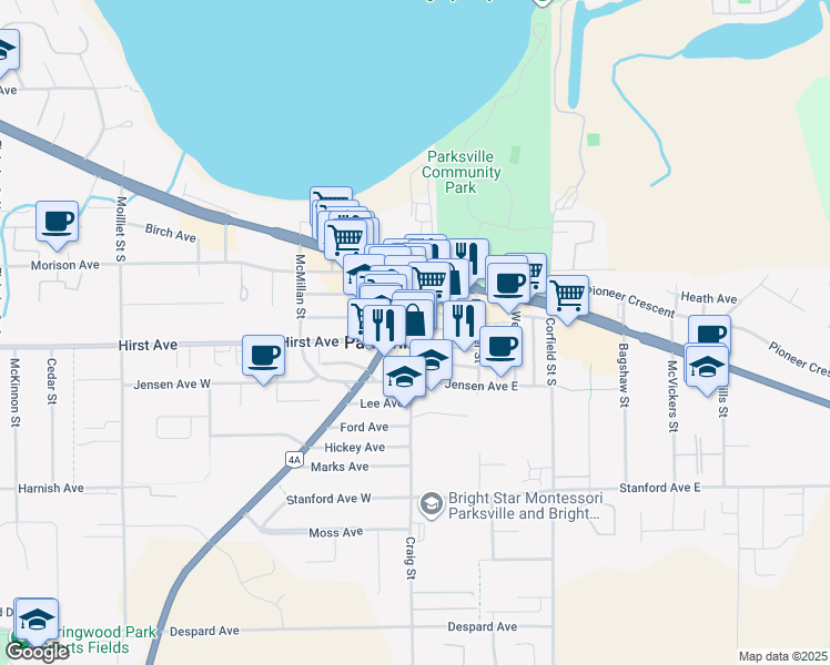 map of restaurants, bars, coffee shops, grocery stores, and more near 124 Craig Street in Parksville