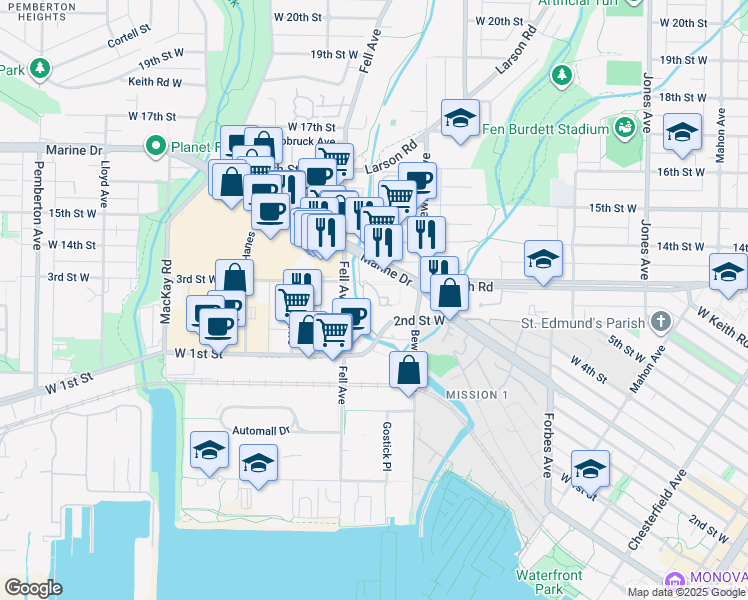 map of restaurants, bars, coffee shops, grocery stores, and more near in North Vancouver