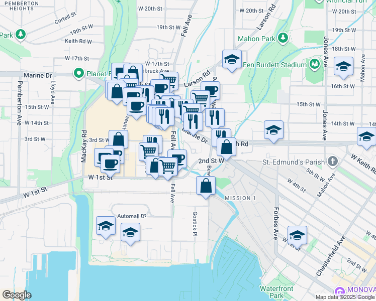 map of restaurants, bars, coffee shops, grocery stores, and more near 723 3rd Street West in North Vancouver