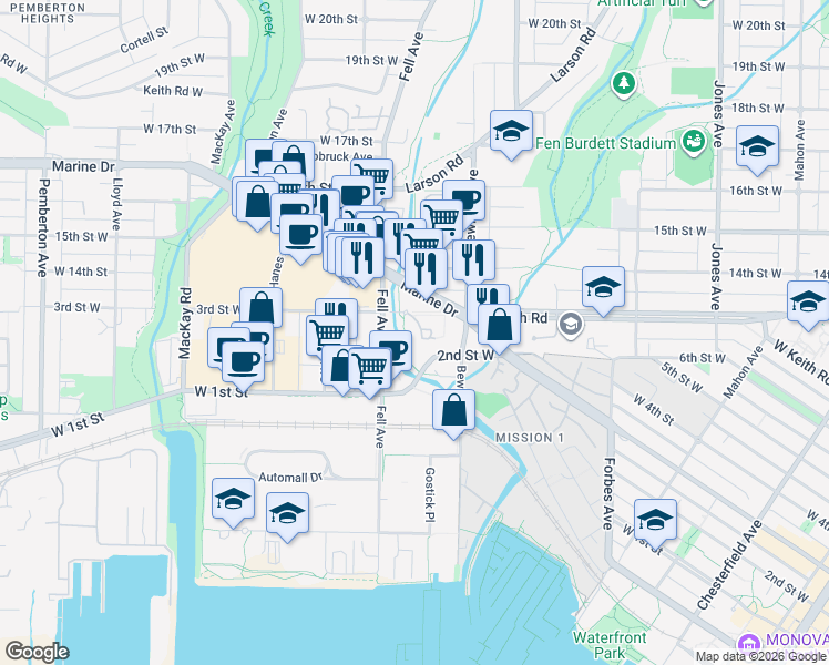 map of restaurants, bars, coffee shops, grocery stores, and more near 723 3rd Street West in North Vancouver
