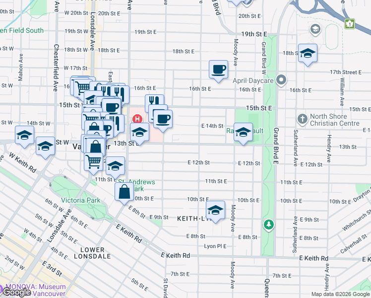 map of restaurants, bars, coffee shops, grocery stores, and more near in North Vancouver