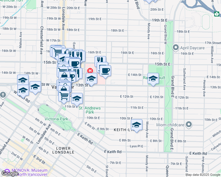map of restaurants, bars, coffee shops, grocery stores, and more near 313 13th Street East in North Vancouver