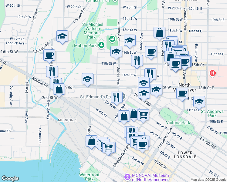 map of restaurants, bars, coffee shops, grocery stores, and more near 413 West Keith Road in North Vancouver