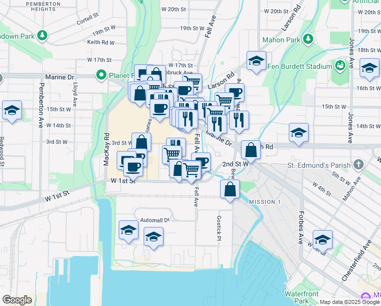 map of restaurants, bars, coffee shops, grocery stores, and more near in North Vancouver