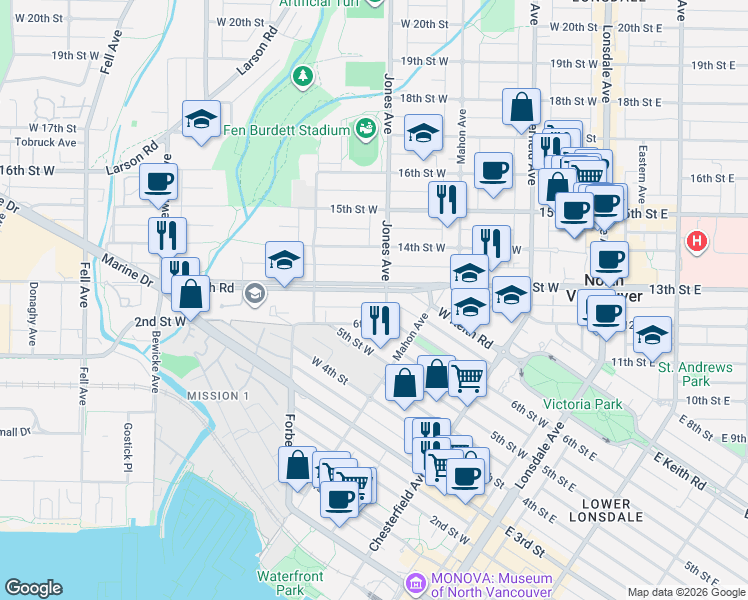 map of restaurants, bars, coffee shops, grocery stores, and more near 409 West Keith Road in North Vancouver