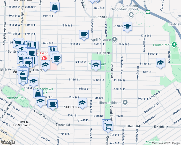 map of restaurants, bars, coffee shops, grocery stores, and more near 475 13th Street East in North Vancouver