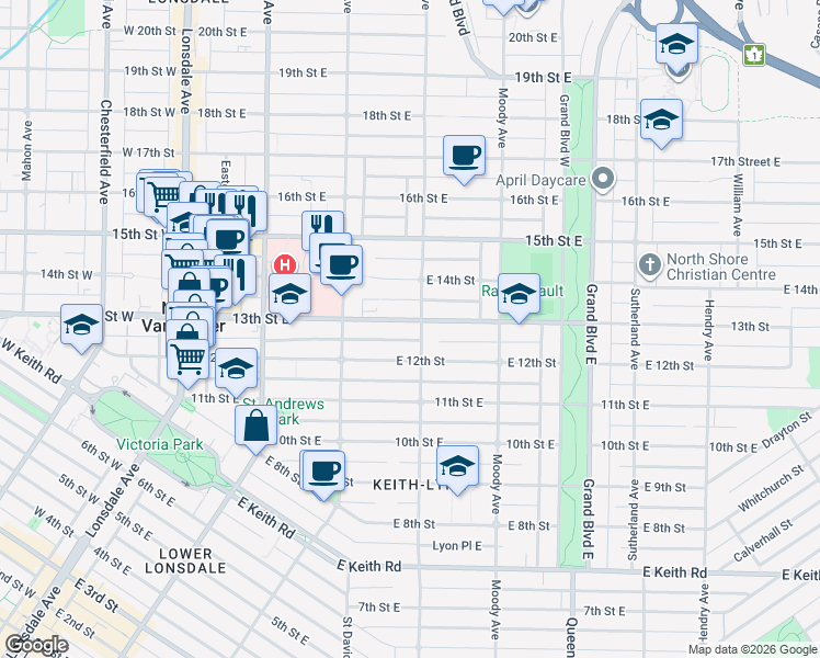 map of restaurants, bars, coffee shops, grocery stores, and more near 359 13th Street East in North Vancouver