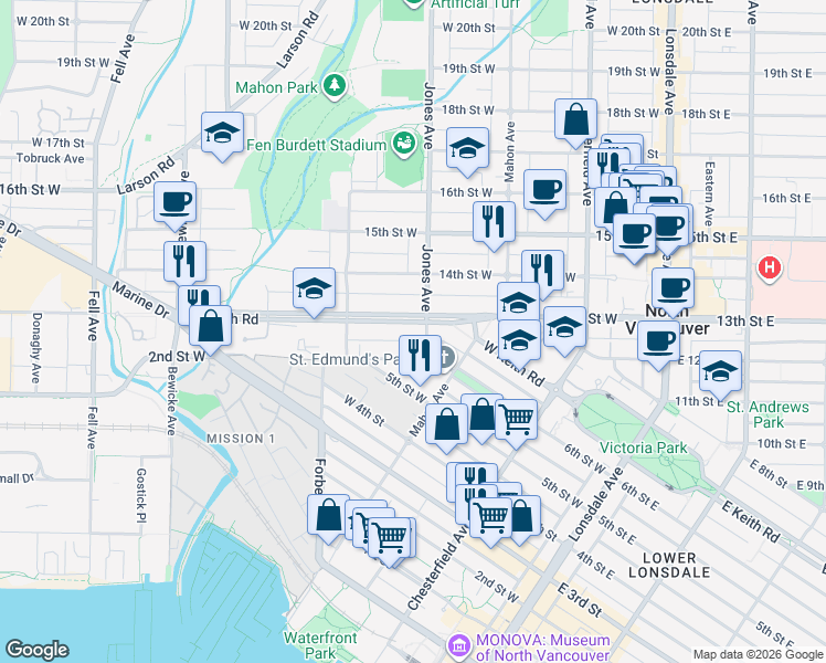 map of restaurants, bars, coffee shops, grocery stores, and more near 409 West Keith Road in North Vancouver